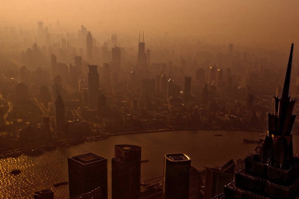 Smog and pollution covers the city of Shanghai